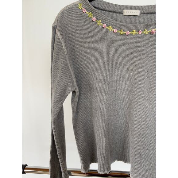 Vintage 90s Roses Thermal Top Gray Long Sleeve Crewneck Cozy Nostalgic Kidcore - Picture 6 of 7